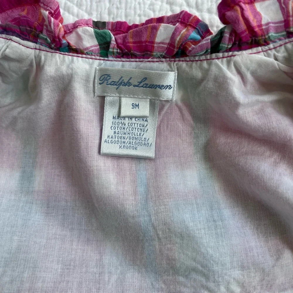 Ralph Lauren Baby Girl Madras Plaid Ruffle Wrap Dress 9 Months Like New infant